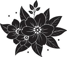 Black and white illustration of a bouquet of flowers with leaves. vector