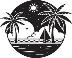 Tropical island with palm trees and sailboat. Black and white illustration. vector