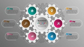 Gear chart infographic template with 6 options for presentations. vector
