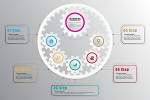 creativo infografía diseño plantilla, 5 5 concepto engranaje texto cajas con pictogramas. vector