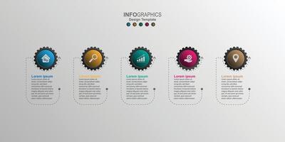 Creative infographic design template, 5 Concept gear text boxes with pictograms. vector