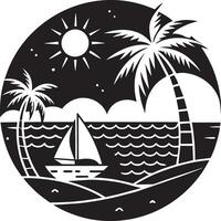 tropical playa con palma arboles y velero, negro y blanco ilustración vector