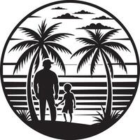 Silhouette of father and son on the beach. illustration vector