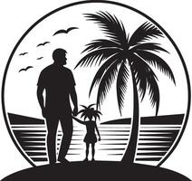 Father and daughter on the beach with palm trees. illustration. vector