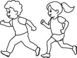 cute little kids running cartoon illustration graphic design in black and white vector