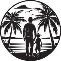 Silhouette of father and son on the beach. illustration vector