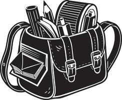 School bag with books and pencils. Black and white illustration. vector