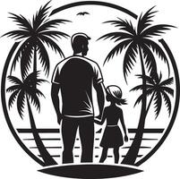 padre y hija en el playa con palma arboles ilustración. vector