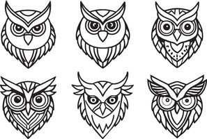 Owl head set. illustration for tattoo or t-shirt. vector