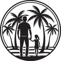 padre y hija en el playa con palma arboles ilustración. vector