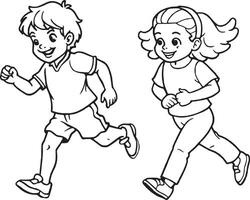 negro y blanco dibujos animados ilustración de niños corriendo o corriendo para colorante libro vector