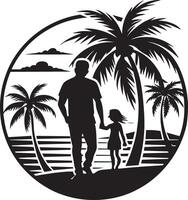 Father and daughter on the beach with palm trees. illustration. vector