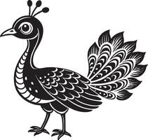 Peacock - Black and White Illustration, Isolated Object on White Background. vector