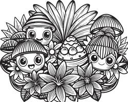 negro y blanco dibujos animados ilustración de linda niños con flores para colorante libro vector