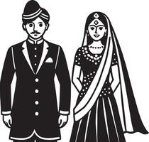 illustration of indian wedding couple in black and white style. vector