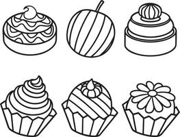 Cupcake set. Black and white illustration for coloring book. vector