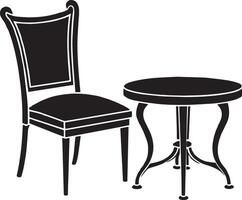 mesa y silla icono en negro y blanco estilo ilustración vector