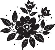 Black and white illustration of a bouquet of flowers with leaves. vector