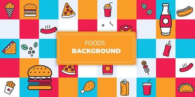 Abstract geometric fast food background. burger and pizza, cold drinks, kitchen plants, noodles and salad, geometry farm eating, healthy lifestyle. vector