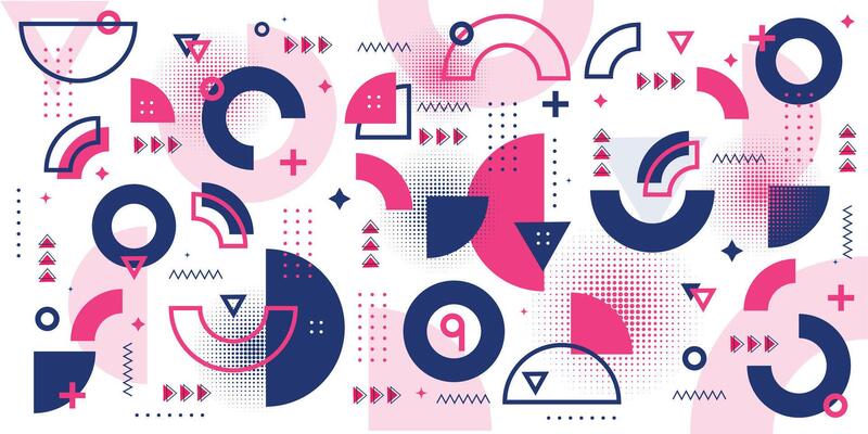 Colorful geometric poster. Modern grid flyer with geometric shapes, geometry graphics and abstract background set. Geometry grid pattern banner vivid presentation illustration.