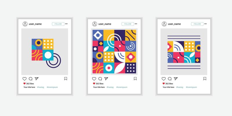 Social media photo mock up interface frame with heart. Modern design. Social media template set collection geometric.