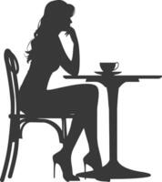 silueta mujer sentado a un mesa en el café bar restaurante negro color solamente vector