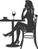 silueta mujer sentado a un mesa en el café bar restaurante negro color solamente vector