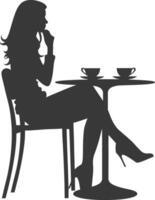 silueta mujer sentado a un mesa en el café bar restaurante negro color solamente vector