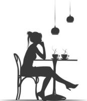 silueta mujer sentado a un mesa en el café bar restaurante negro color solamente vector