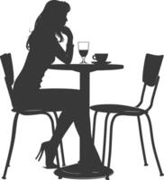 silueta mujer sentado a un mesa en el café bar restaurante negro color solamente vector