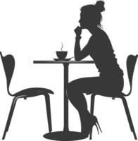 silueta mujer sentado a un mesa en el café bar restaurante negro color solamente vector