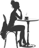 silueta mujer sentado a un mesa en el café bar restaurante negro color solamente vector