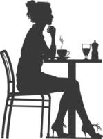 silueta mujer sentado a un mesa en el café bar restaurante negro color solamente vector