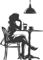 silueta mujer sentado a un mesa en el café bar restaurante negro color solamente vector