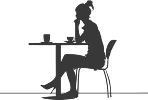 silueta mujer sentado a un mesa en el café bar restaurante negro color solamente vector