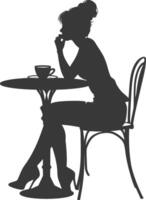 silueta mujer sentado a un mesa en el café bar restaurante negro color solamente vector