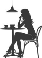 silueta mujer sentado a un mesa en el café bar restaurante negro color solamente vector