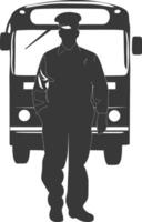 silueta autobús conductor en acción lleno cuerpo negro color solamente vector