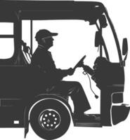 Silhouette bus driver in action full body black color only vector