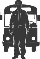 Silhouette bus driver in action full body black color only vector