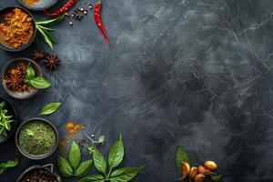 Restaurant kitchen spices and herbs on the ground, flat lay copy space photo