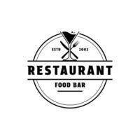 Restaurant food bar logo design concept with fork, knife and glass vintage retro label circle vector