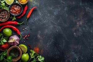 Restaurant kitchen spices and herbs on the ground, flat lay copy space photo