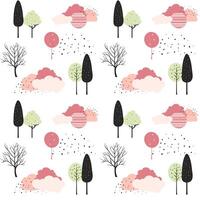 Cute trees seamless pattern. Scandinavian trees and clouds wallpaper. Childish fantasy background. vector