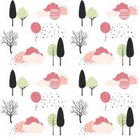 Cute trees seamless pattern. Scandinavian trees and clouds wallpaper. Childish fantasy background. vector