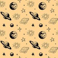Monochrome seamless pattern with planets and stars. Space background. Hand drawn space elements. vector