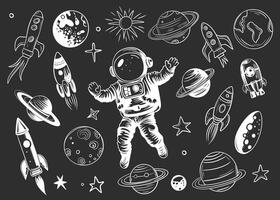 Hand drawn space elements. Monochrome set of space objects doodles vector