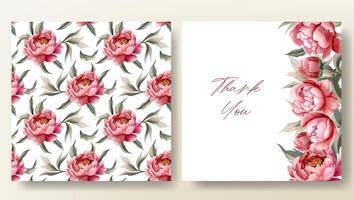 Set of greeting card and seamless pattern with watercolor peonies, wedding invitation. Peony frame vector