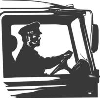 Silhouette bus driver in action full body black color only vector