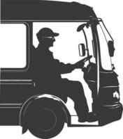 Silhouette bus driver in action full body black color only vector